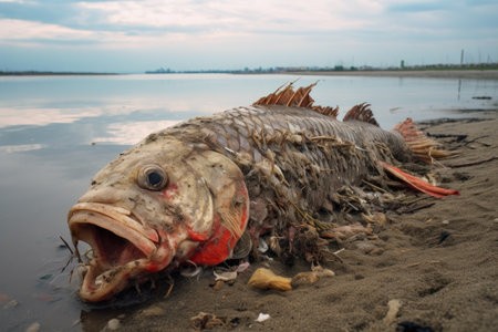 a dead fish lying on the shore next to plastic waste, created with generative aiの素材