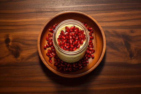 overhead shot of a cream jar surrounded by pomegranate seeds on a wooden table, created with generative aiの素材