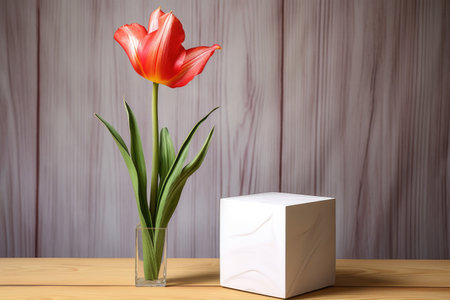 a bright tulip in a white pot next to a cardboard box on a wooden table, created with generative aiの素材