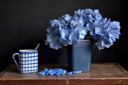 a blue hydrangea in a ceramic pot next to a cardboard box with packing peanuts, created with generative aiの素材