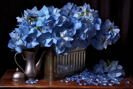 blue hydrangeas in a metallic pot beside a box filled with packing peanuts, created with generative aiの素材