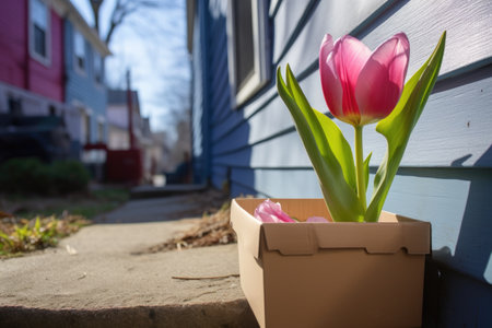 a potted tulip on a porch step with a package delivery, created with generative aiの素材