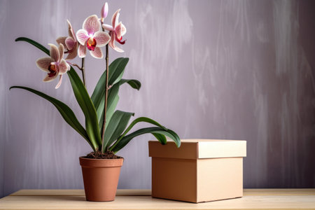 close-up of a blooming orchid in a pot next to a plain brown cardboard box, created with generative aiの素材