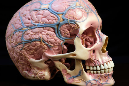 close-up of human skull model with highlighted brain sections, created with generative aiの素材