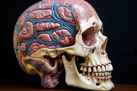 close-up of human skull model with highlighted brain sections, created with generative aiの素材