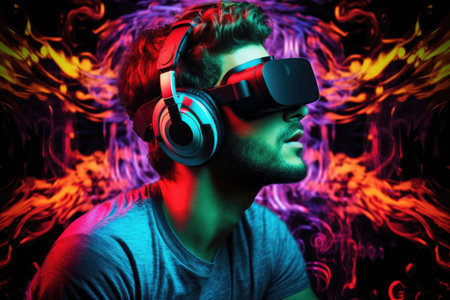 a person wearing virtual reality goggles with brain waves graphics, created with generative aiの素材
