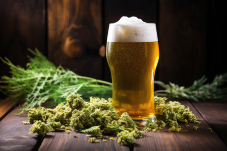 cannabis-infused beer with foam, placed on a rustic wooden table, created with generative aiの素材