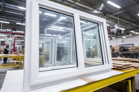 a finished plastic window with insulating glass on a production line, created with generative aiの素材