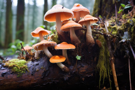 group of psychedelic mushrooms growing on a decaying log, created with generative aiの素材