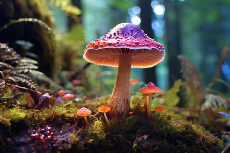 close-up of a single psychedelic mushroom in a forest, created with generative aiの素材