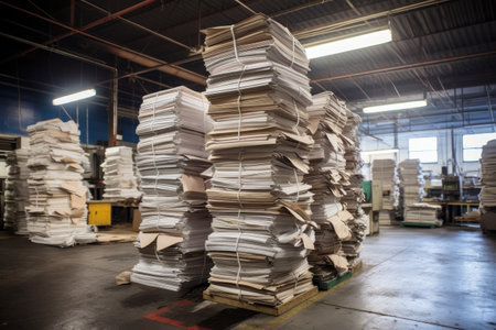large stacks of newspapers in a warehouse ready for distribution, created with generative aiの素材