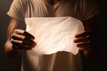 hands holding a sheet of freshly made paper against light, created with generative aiの素材