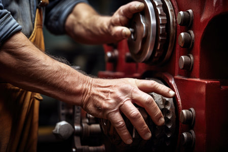 hands of a worker operating machinery in a paper mill, created with generative aiの素材