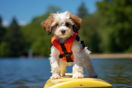 a small puppy wearing a life vest, standing on a mini surfboard, created with generative aiの素材