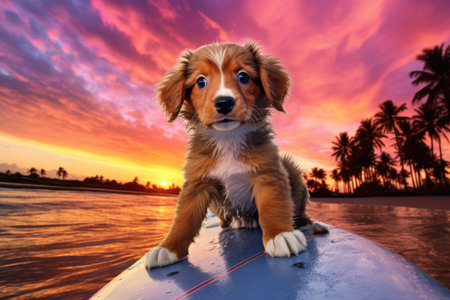 a surfing puppy with palm trees and a sunset in the background, created with generative aiの素材