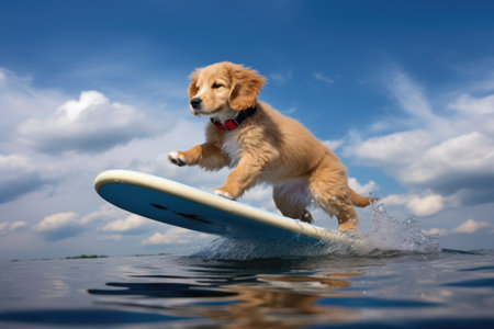 a golden retriever puppy balancing on a surfboard, riding a small wave, created with generative aiの素材