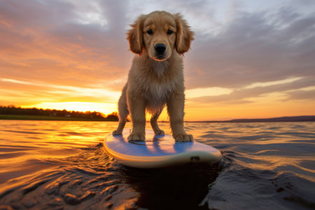 a golden retriever puppy balancing on a surfboard with the setting sun in the background, created with generative aiの素材