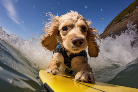 a surfing puppy with a safety leash attached on a clear wave, created with generative aiの素材