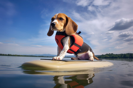 a beagle puppy on a surfboard with a safety vest, floating on calm waters, created with generative aiの素材
