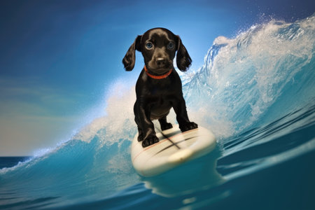 a black labrador puppy on a surfboard, riding a small wave, created with generative aiの素材
