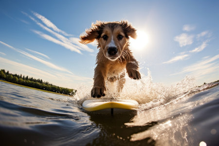 a puppy caught mid-jump onto a surfboard in shallow waters, created with generative aiの素材