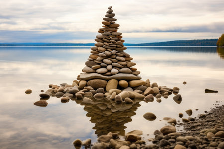 pebbles stacked into an intricate pyramid on the shoreline, created with generative aiの素材