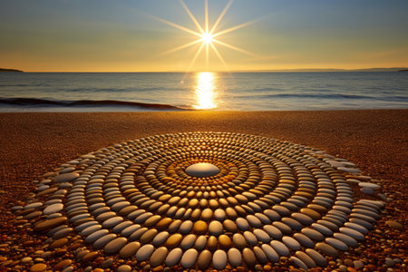 pebbles arranged into a giant sun motif on a sunny beach, created with generative aiの素材
