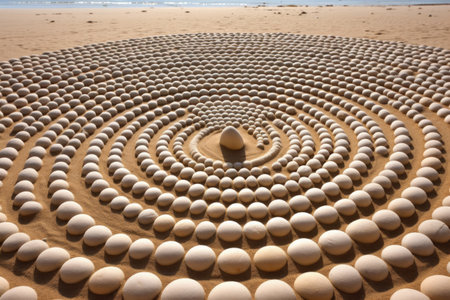 pebbles arranged in a spiral pattern on a sandy beach, created with generative aiの素材