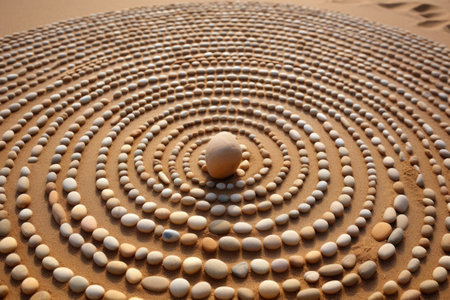 pebbles arranged in a spiral pattern on a sandy beach, created with generative aiの素材