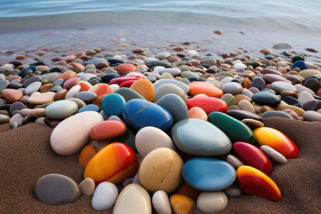 smooth pebbles organized by color creating a rainbow on the beach, created with generative aiの素材