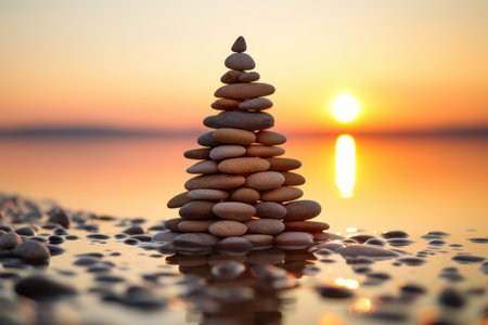 pebbles stacked in the form of a pyramid with the setting sun in the background, created with generative aiの素材