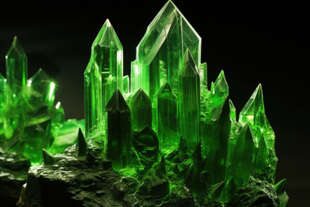 torbernite green crystals displayed under soft, controlled light, created with generative aiの素材