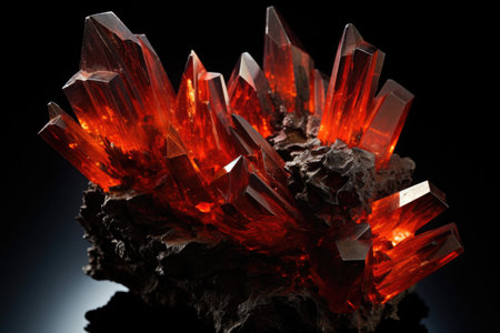 a cluster of glowing uraninite crystals on a black background, created with generative aiの素材