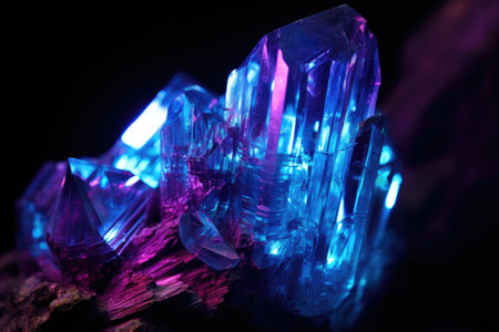 close-up of a uraninite mineral sample glowing under uv light, created with generative aiの素材