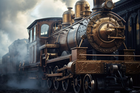 close-up of a vintage steam engine with puffs of smoke, created with generative aiの素材