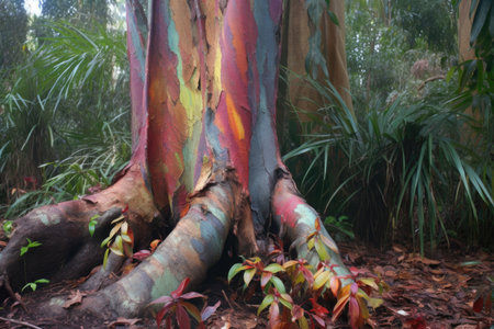 rainbow eucalyptus tree with fallen multicolored bark at its base, created with generative aiの素材