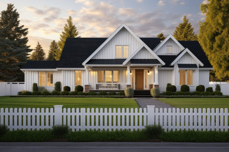 a modern ranch house with a well-kept lawn and a white picket fence, created with generative aiの素材