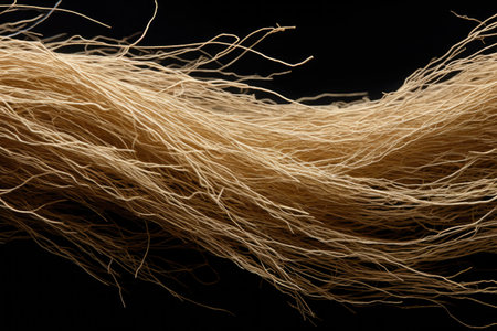 close-up of raw hemp fibers against a black background, created with generative aiの素材