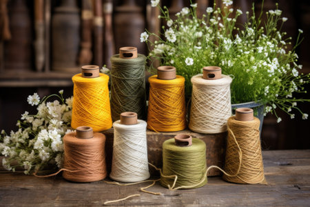spools of hemp twine on a rustic background, created with generative aiの素材
