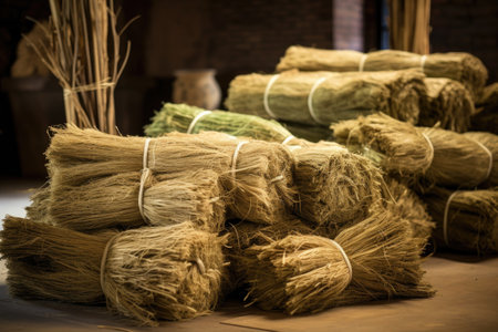 rolled hemp fiber bundles ready for textile production, created with generative aiの素材