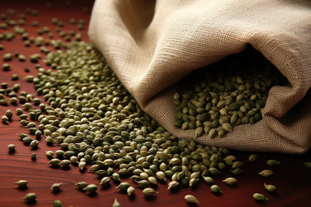hemp seeds scattered on a fabric made of hemp, created with generative aiの素材