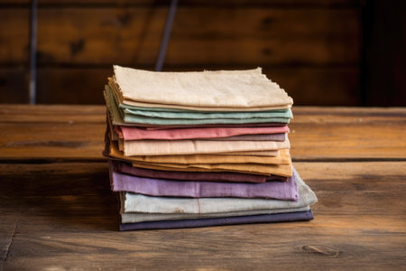 a pile of hemp fabric swatches on a rustic wooden surface, created with generative aiの素材