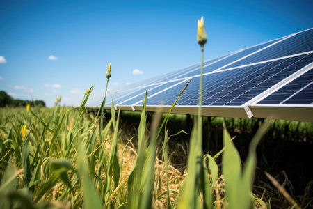 close-up of solar panels in a sunny field with clear sky, created with generative aiの素材