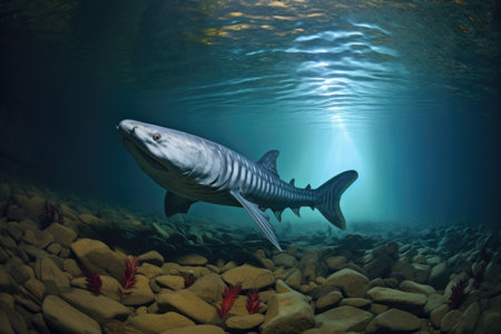 an underwater view of a sturgeon near a pebbly river bed, created with generative aiの素材