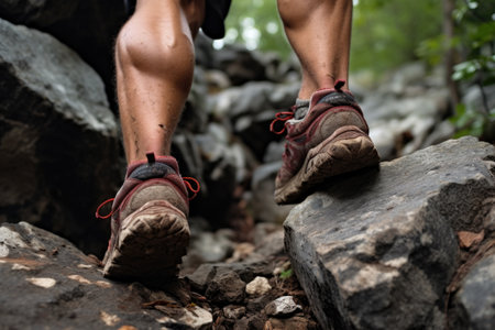 climbers feet in climbing shoes, stepping on a rock hold, created with generative aiの素材