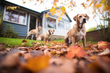 labradors tail wagging in an autumn leaf-covered yardの素材
