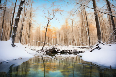 a frozen pond at the heart of a tranquil, snow-draped forestの素材