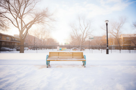 lonely footprints to a bench, snow all aroundの素材