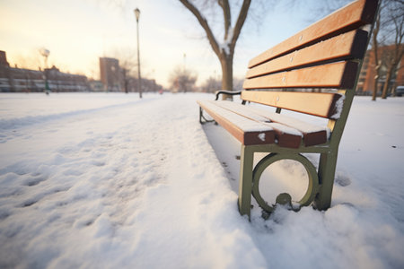 lonely footprints to a bench, snow all aroundの素材
