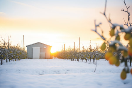 golden hour glow in a snowy citrus orchardの素材